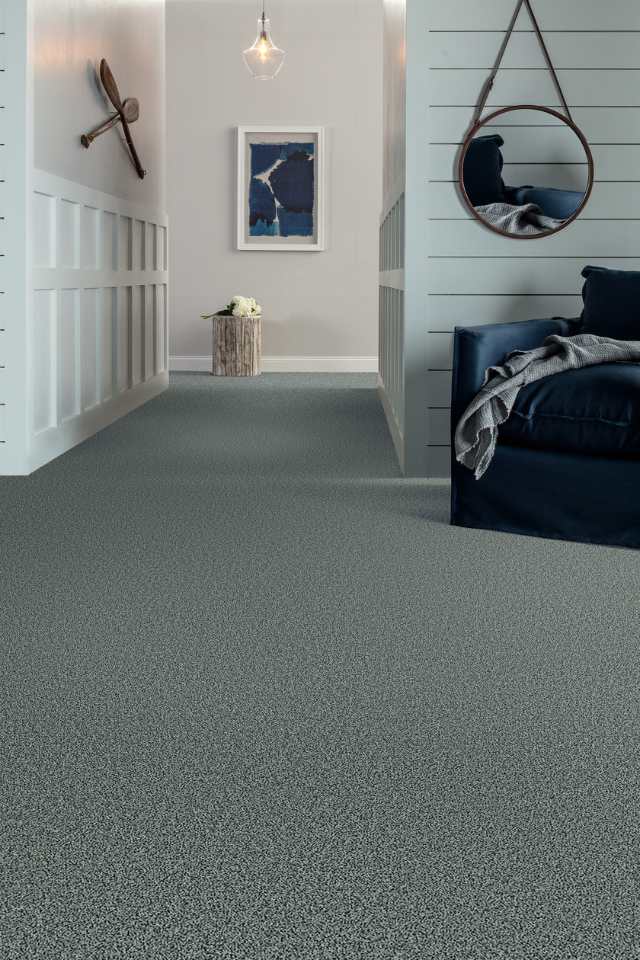 grey plush carpet in hallway of coastal blue home